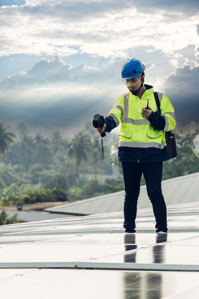 Inspector examination of photovoltaic modules using a thermal imaging camera. Engineer Checking Temperature the string cables input to inverter solar panel used thermos infrared.
