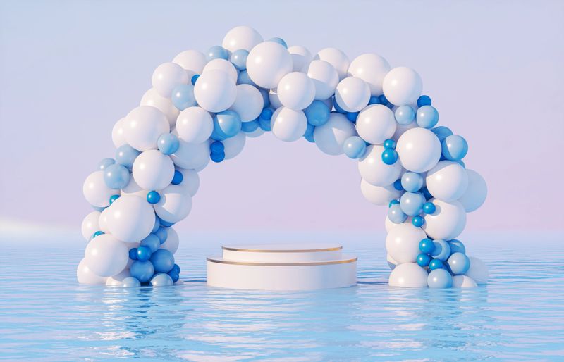 a natural beauty podium backdrop for product display with balloons arch on seascape background. 3d rendering