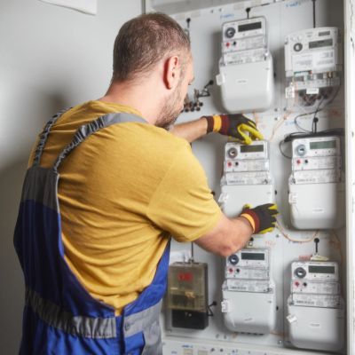 Electrician adjusting electric meters on a wall panel.