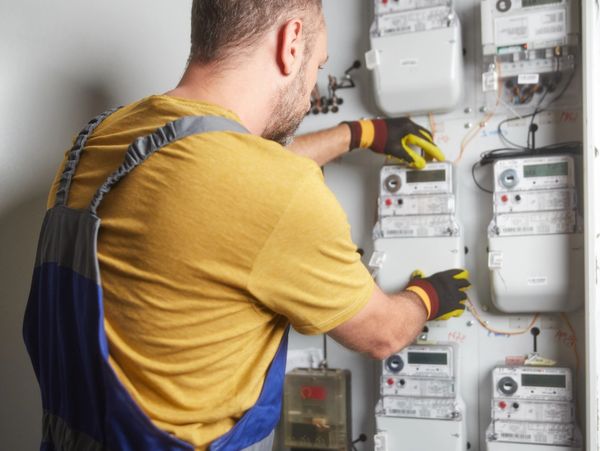 Electrician inspecting multiple electricity meters on a panel.