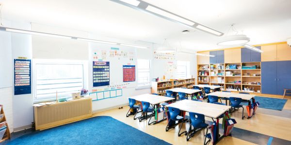 Bright and organized elementary school classroom.
