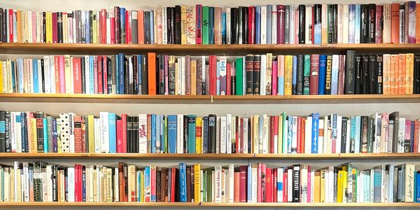 A large bookshelf filled with a diverse collection of books arranged neatly.