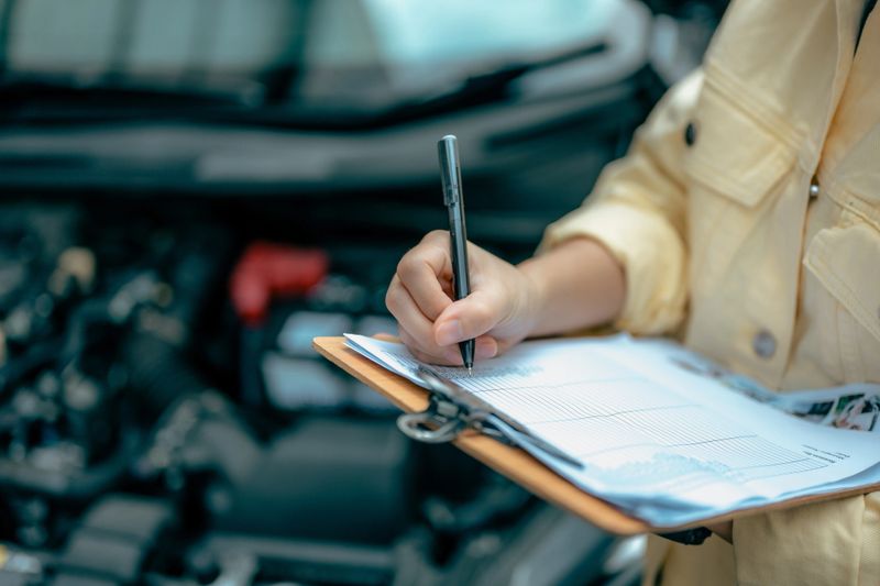 Close up of used car female dealer inspecting the condition of a vehicle.