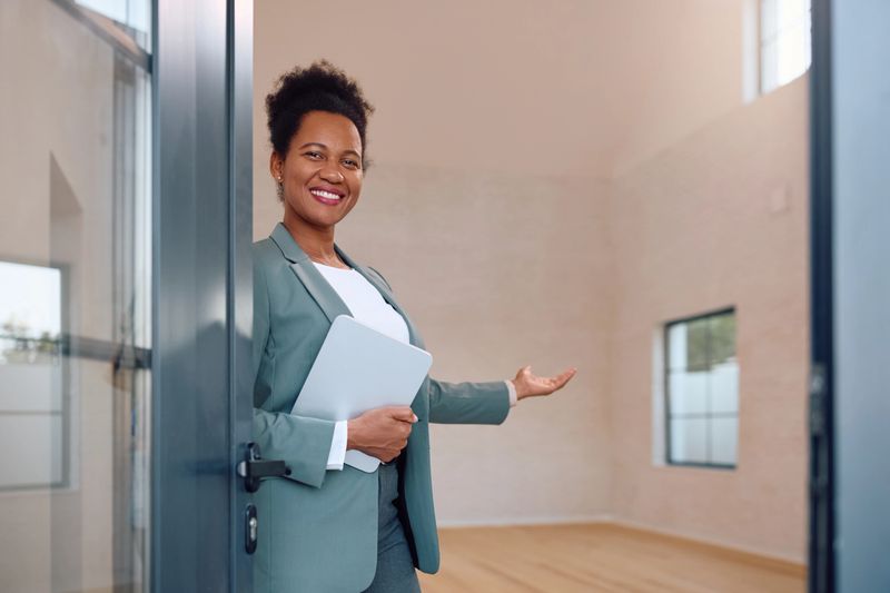 Happy African American real estate agent welcoming her clients and looking at camera. Copy space.