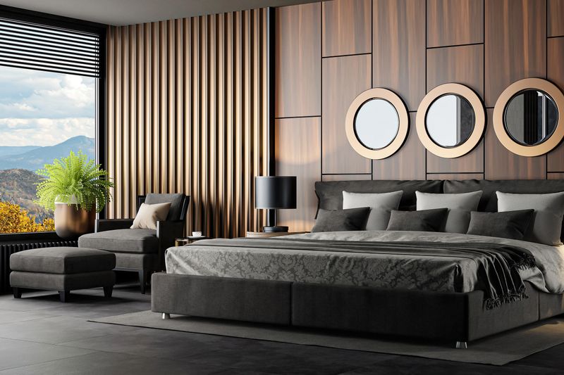 Black modern and retro-style bedroom with black and dark materials. 3d rendering.