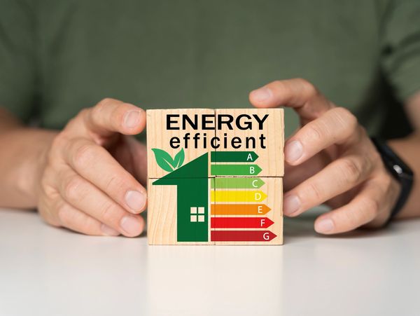 Hands holding wooden blocks with an energy efficiency rating chart.