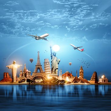 Famous world landmarks illuminated under a bright sky with airplanes flying above.
