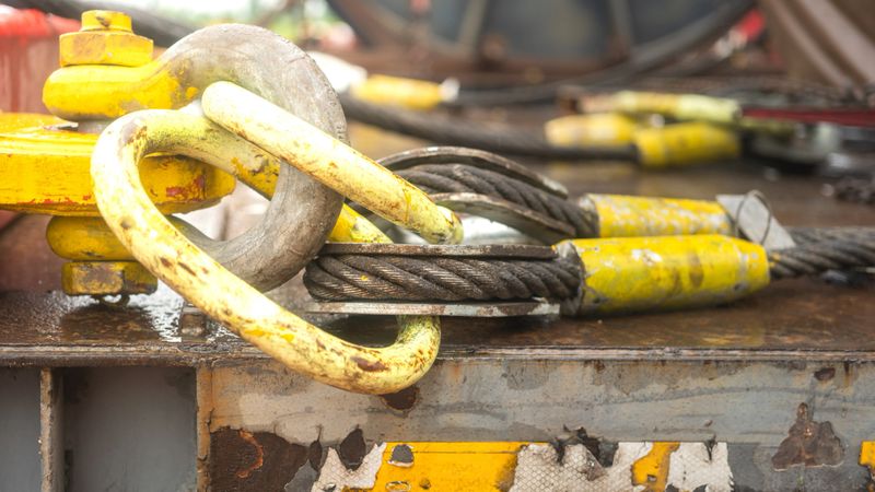 Large size of steel wire rope sling, shackle and master-link hook, its using for lifting heavy object. Industrial equipment, close-up and selective focus.