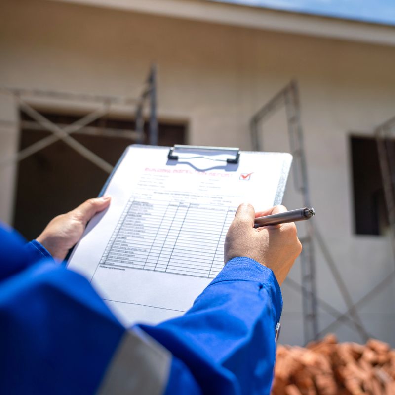 An architect is checking on house building quality checklist form to inspecting the progress with building house as blurred background. Construction industrial working scene, close-up.
