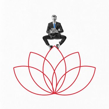 Businessman meditating above a red lotus outline symbolizing balance and focus.
