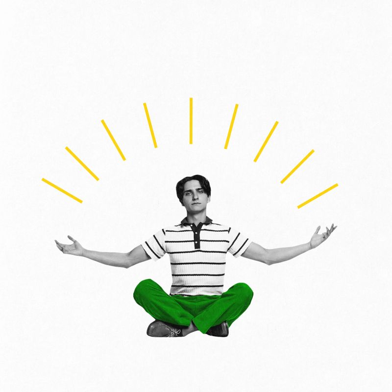 Contemporary art collage. Meditation. Man sits cross-legged with arms open, radiating calm and peace, symbolizing meditation and inner clarity. Concept of mental health, life-work balance, mindfulness