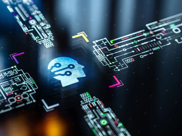 Digital human head with circuit board patterns, symbolizing AI technology.