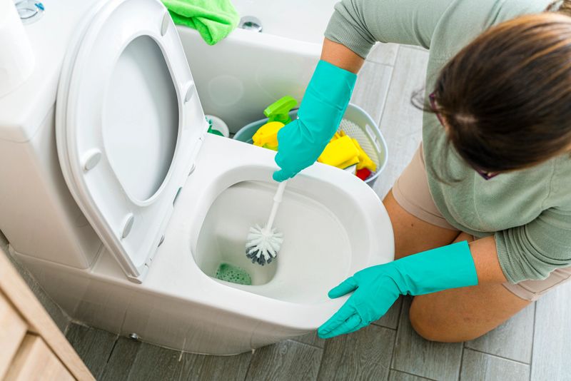 Woman kneeling in the bathroom cleaning toilet bowl with a scrubbing brush. High resolution 42Mp indoors digital capture taken with SONY A7rII and Zeiss Batis 40mm F2.0 CF lens