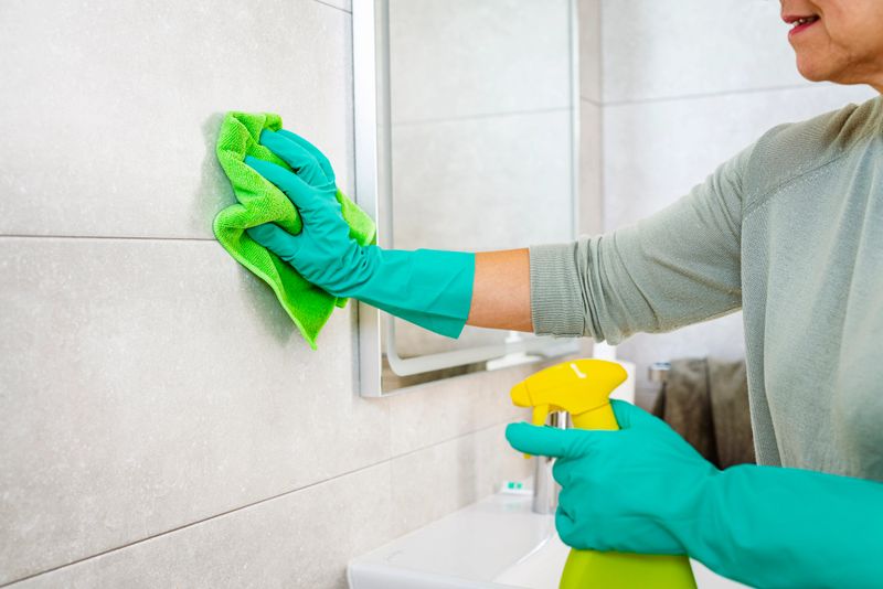 Close up of woman's hands cleaning bathroom tiles with a microfiber cloth and spray cleaner. High resolution 42Mp indoors digital capture taken with SONY A7rII and Zeiss Batis 40mm F2.0 CF lens