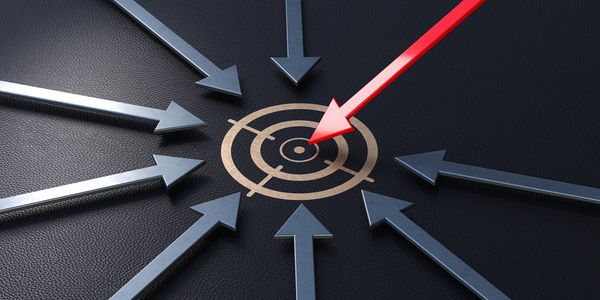 Arrows pointing towards a target with one red arrow hitting the center.