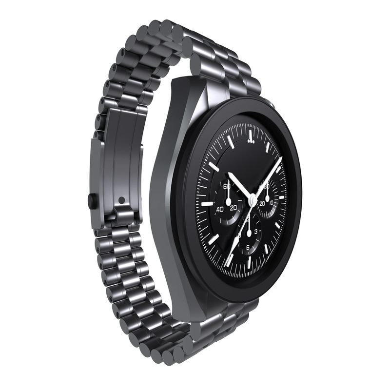 A sleek black chronograph watch with a metallic band is displayed in 3D.