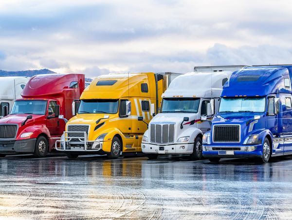 Colorful semi-trucks parked in a row on a wet surface under a cloudy sky.