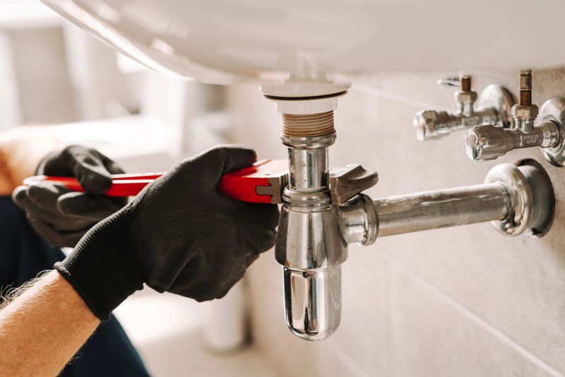 Plumber in black gloves fixes a sink pipe with a wrench in a bathroom, showcasing precision and craftsmanship