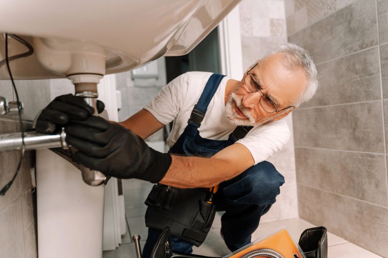 Plumber in blue overalls fixes a bathroom sink with a wrench, surrounded by tools. His focused precision shows his expertise in plumbing