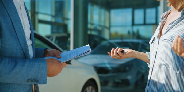 Two people discussing a car accident with damaged vehicles in the background.