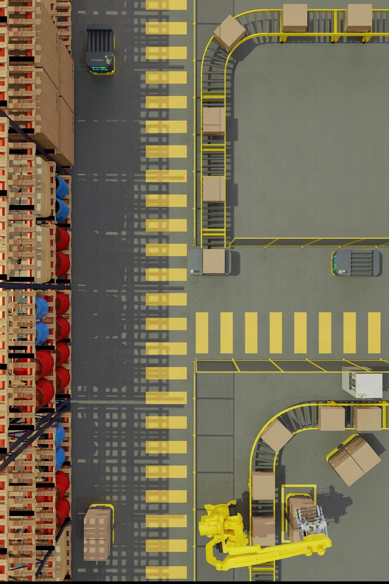 Factory 4.0 concept: The collaboration of Collaborative Robot, Industrial robot, AGV(automated guided vehicle) and AI in smart warehouse. 3D illustration