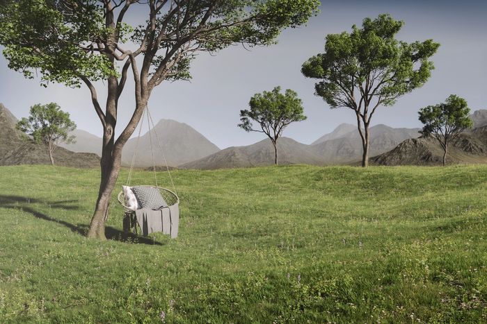 Swing chair hanging on a tree in a green meadow with mountains in the background.