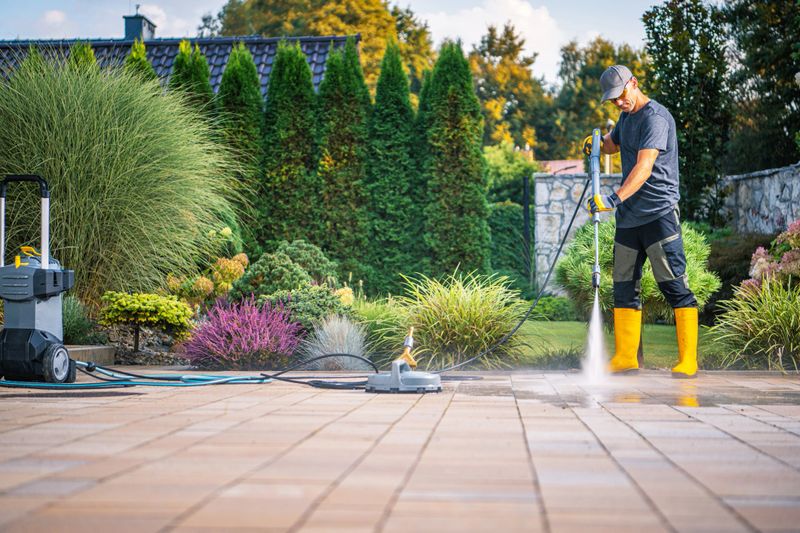 A person wearing yellow rubber boots uses a pressure washer to clean a patio area in a beautiful garden. The sun shines brightly as the landscaping thrives.