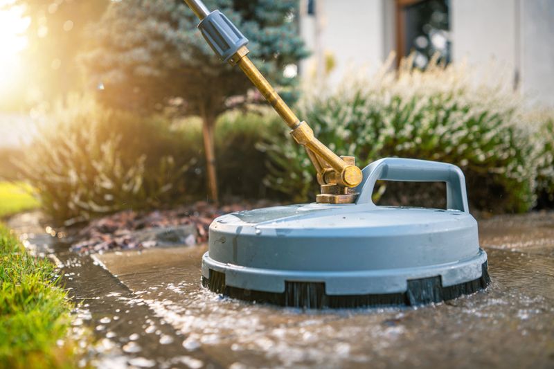A pressure washer surface cleaner effectively removes grime from a patio surrounded by greenery under bright sunlight. The scene captures an outdoor cleaning effort.