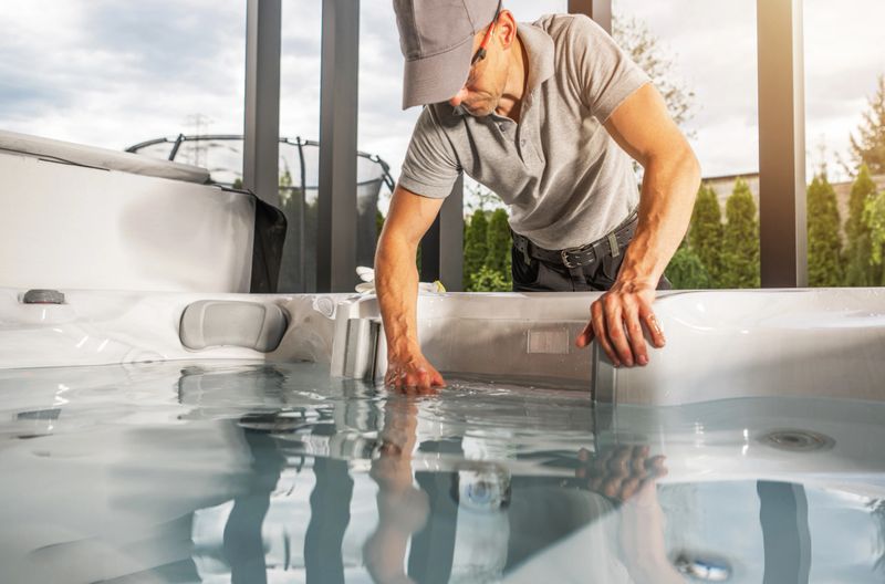 A man works diligently at a hot tub, checking the hot tub water quality while surrounded by greenery in a bright, sunny backyard.