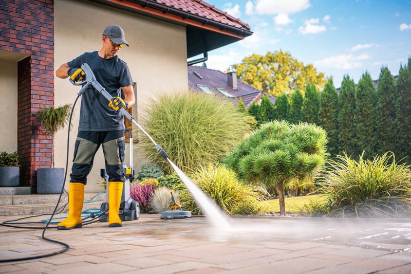 A man is using a power washer to clean the patio in a beautiful garden filled with greenery and sunshine.