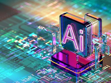 3D glass-like AI icon on a colorful digital circuit background.