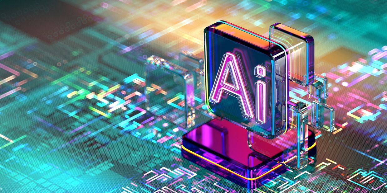 A glowing 3D AI icon on a digital circuit board background.