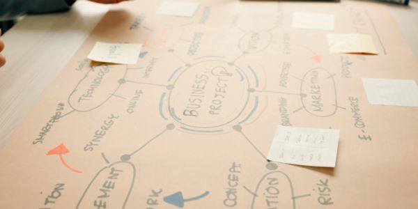 Brainstorming business project ideas on paper with sticky notes.