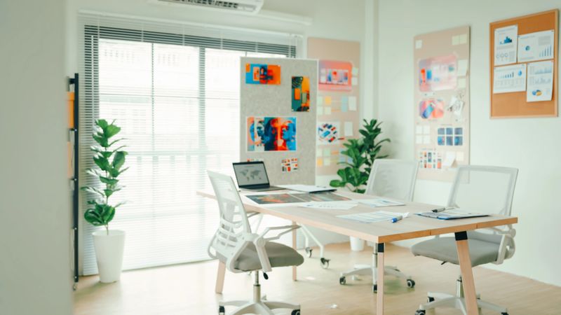 Business Meeting Room with Design Boards and Marketing Projects Ready for Presentation