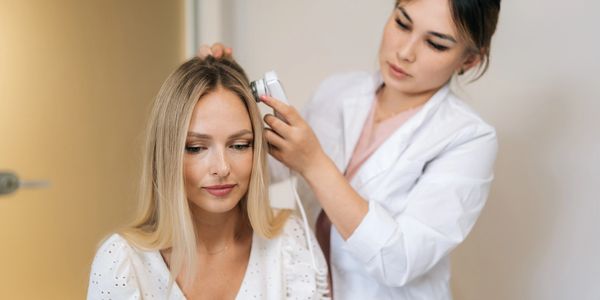 A dermatologist examines a woman's scalp with a handheld device.