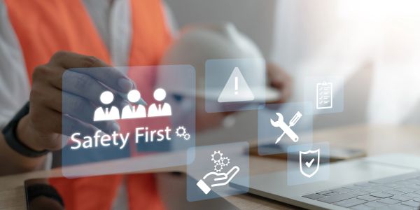 Safety first concept with digital icons and person in safety vest.