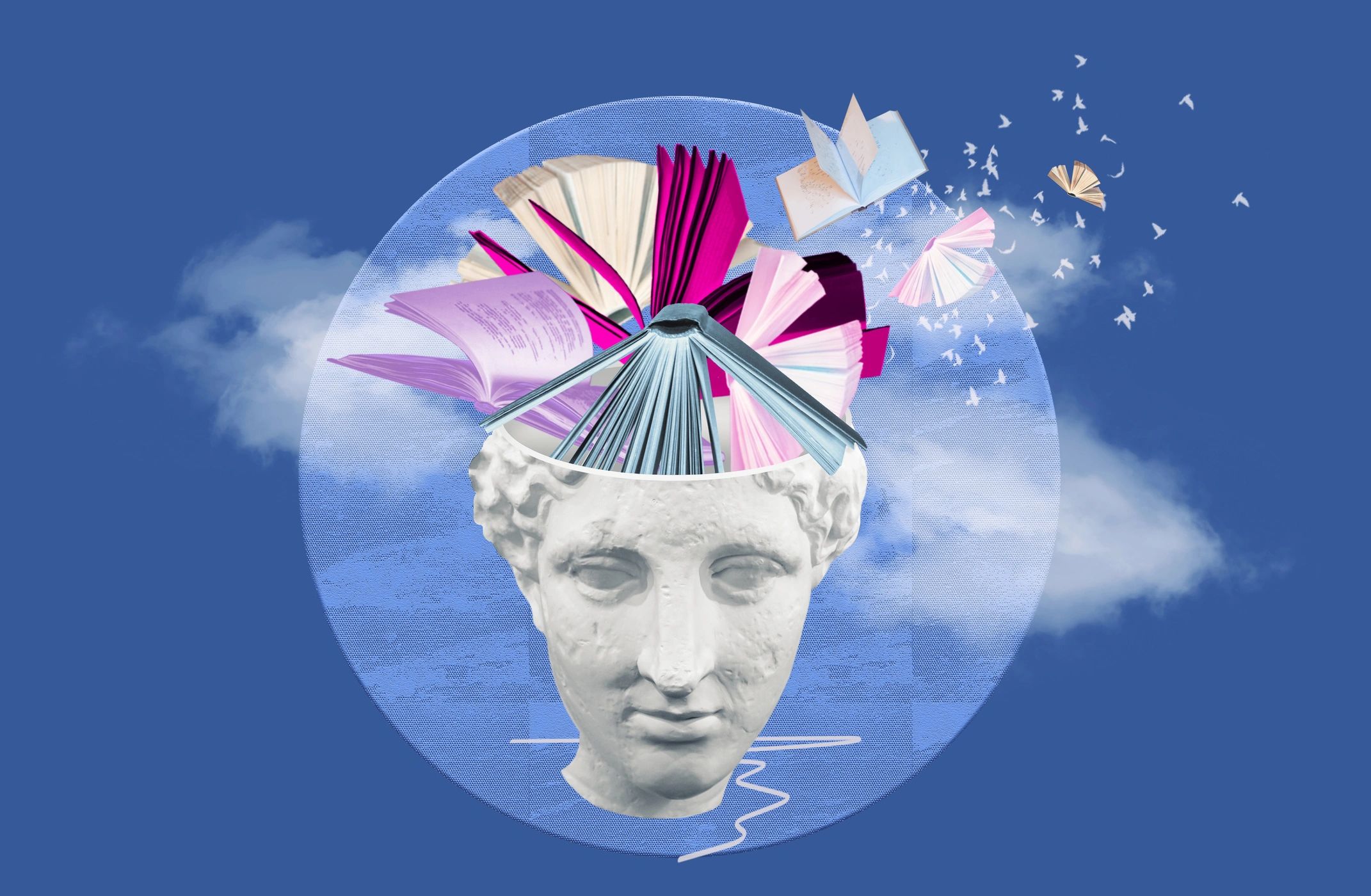 Classical bust with books flying out, symbolizing knowledge and imagination.