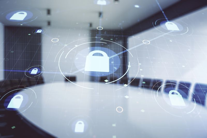 Virtual creative lock illustration with microcircuit on a modern coworking room background, cyber security concept. Multiexposure