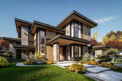 Modern luxury two-story house with landscaped garden and large windows.