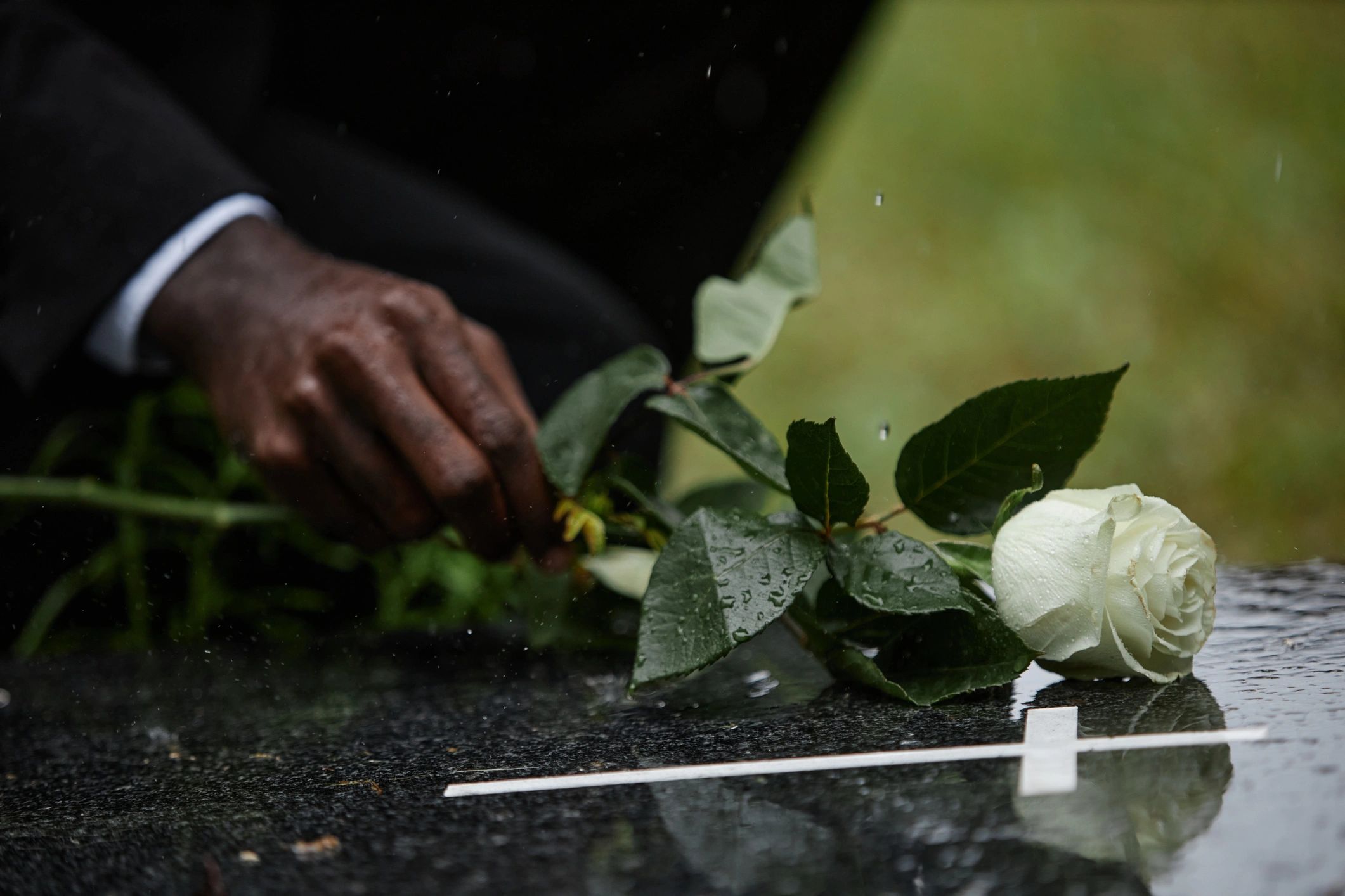 A hand places a white rose on a wet gravestone with a cross.