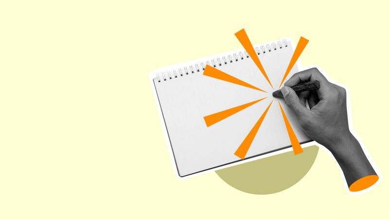 A hand is writing on a notebook with a bright orange tip. The notebook is on a yellow background. Collage art