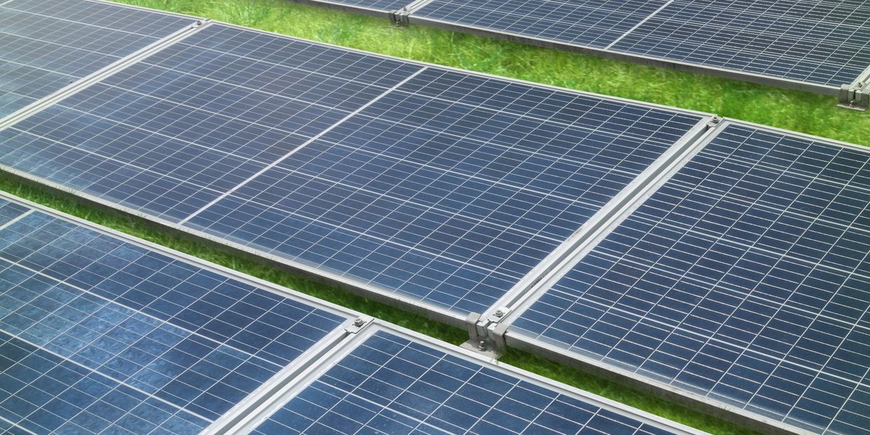 Rows of solar panels installed on grassy ground for renewable energy.