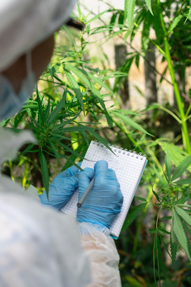 In a cannabis greenhouse, a researcher documents observations, highlighting the importance of careful plant care