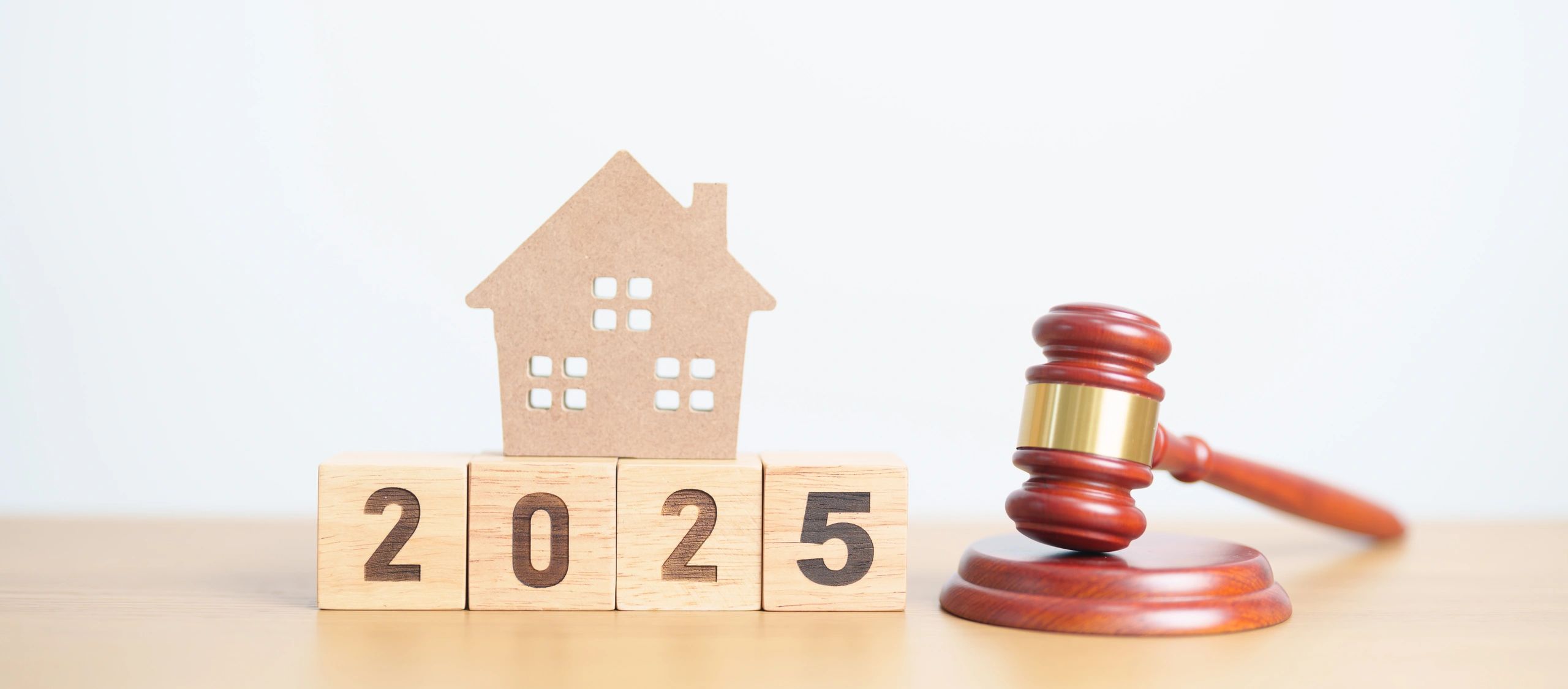 Picture of a home with the year 2025 underneath it and a courtroom gavel next to it.