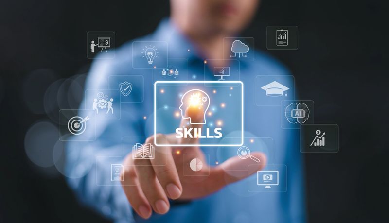 Soft skill individual development concept. Teamwork study up new ability, business technology evolution. HR learning interpersonal. Student hand touch digital icon. Competency training education