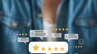 Digital five-star customer reviews overlaying a blurred person background.