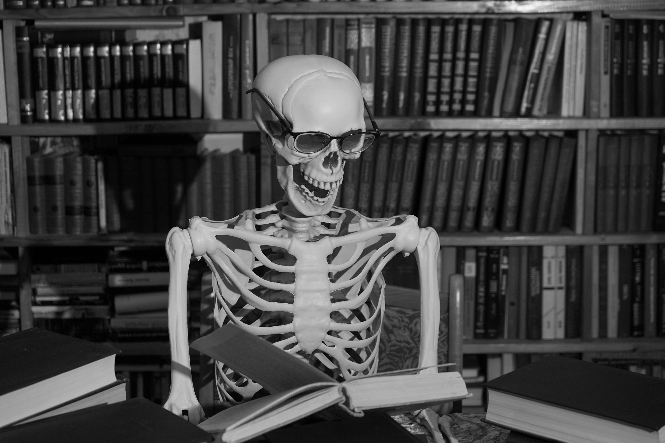A skeleton wearing glasses reading a book