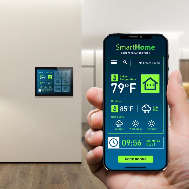 Contemporary white interior featuring a high-tech control panel on the wall, with a large hand holding a smartphone in the foreground. The smartphone screen displays a smart home app, highlighting the seamless integration of technology for managing heating, lighting, doors, windows, security, communication, and internet systems. Ideal for illustrating modern smart home automation and user-friendly technology. Perfect for use in promotional materials, technology articles, and real estate showcases to emphasize the ease of controlling advanced home systems through mobile devices. Control panel show F Fahrenheit temperature.