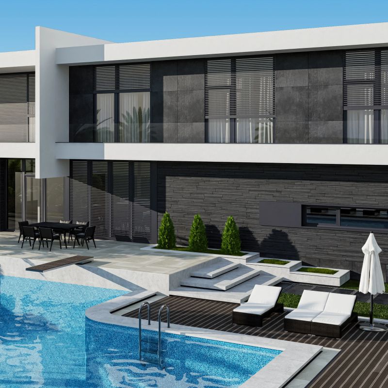 Modern contemporary villa exterior view with large beautiful garden back yard and swimming pool.Luxury concept design. Summer daytime. Palms trees. Blue clear sky. 3d.