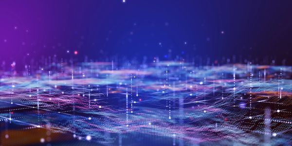 Abstract digital landscape with glowing waves and data points.